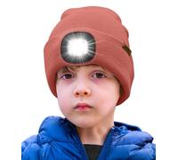 ATNKE Kids LED Lighted Beanie Hat,USB Rechargeable 4 LED Running Headlamp Ultra Bright Cap with Light Hands Free Head Torch Winter Warm Knit Beany Great Gifts for Boys and Girls/Bean Paste Powder