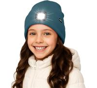 ATNKE Kids LED Lighted Beanie Hat,USB Rechargeable 4 LED Running Headlamp Ultra Bright Cap with Light Hands Free Head Torch Winter Warm Lined Fleece Knit Beany Gifts for Boys and Girls/Olive Green
