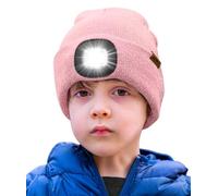 ATNKE Kids LED Lighted Beanie Hat,USB Rechargeable 4 LED Running Headlamp Ultra Bright Cap with Light Hands Free Head Torch Winter Warm Knit Beany Great Gifts for Boys and Girls/Blended Pink Goldwire