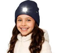 ATNKE Kids LED Lighted Beanie Hat,USB Rechargeable 4 LED Running Headlamp Ultra Bright Cap with Light Hands Free Head Torch Winter Warm Lined Fleece Knit Beany Gifts for Boys and Girls/Navy