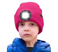 ATNKE Kids LED Lighted Beanie Hat,USB Rechargeable 4 LED Running Headlamp Ultra Bright Cap with Light Hands Free Head Torch Winter Warm Knit Beany Great Gifts for Boys and Girls/Rose Red