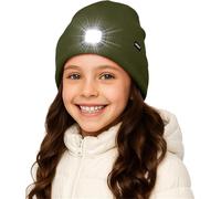 ATNKE Kids LED Lighted Beanie Hat,USB Rechargeable 4 LED Running Headlamp Ultra Bright Cap with Light Hands Free Head Torch Winter Warm Lined Fleece Knit Beany Gifts for Boys and Girls/Army Green