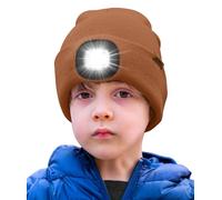 ATNKE Kids LED Lighted Beanie Hat,USB Rechargeable 4 LED Running Headlamp Ultra Bright Cap with Light Hands Free Head Torch Winter Warm Knit Beany Great Gifts for Boys and Girls/Red Brown
