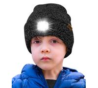 ATNKE Kids LED Lighted Beanie Hat,USB Rechargeable 4 LED Running Headlamp Ultra Bright Cap with Light Hands Free Head Torch Winter Warm Knit Beany Great Gifts for Boys and Girls/Blended Black Goldwire