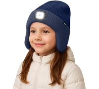 ATNKE Kids LED Lighted Beanie Hat with Earflap, USB Rechargeable 4 LED Hands Free Head Torch Running Headlamp Cap Light Winter Warm Fleece Lined Knit Beany Gifts for Boys and Girls/Navy Blue