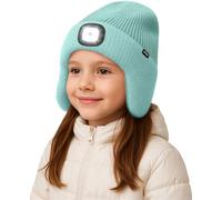 ATNKE Kids LED Lighted Beanie Hat with Earflap, USB Rechargeable 4 LED Hands Free Head Torch Running Headlamp Cap Light Winter Warm Fleece Lined Knit Beany Gifts for Boys and Girls/Bud Green
