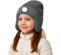 ATNKE Kids LED Lighted Beanie Hat with Earflap, USB Rechargeable 4 LED Hands Free Head Torch Running Headlamp Cap Light Winter Warm Fleece Lined Knit Beany Gifts for Boys and Girls/Noble Gray
