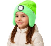 ATNKE Kids LED Lighted Beanie Hat with Earflap, USB Rechargeable 4 LED Hands Free Head Torch Running Headlamp Cap Light Winter Warm Fleece Lined Knit Beany Gifts for Boys and Girls/Fluorescent Green