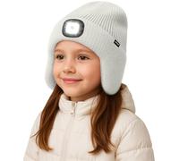 ATNKE Kids LED Lighted Beanie Hat with Earflap, USB Rechargeable 4 LED Hands Free Head Torch Running Headlamp Cap Light Winter Warm Fleece Lined Knit Beany Gifts for Boys and Girls/Light Gray