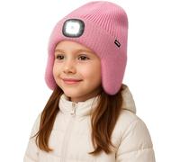 ATNKE Kids LED Lighted Beanie Hat with Earflap, USB Rechargeable 4 LED Hands Free Head Torch Running Headlamp Cap Light Winter Warm Fleece Lined Knit Beany Gifts for Boys and Girls/Pink