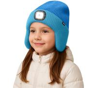 ATNKE Kids LED Lighted Beanie Hat with Earflap, USB Rechargeable 4 LED Hands Free Head Torch Running Headlamp Cap Light Winter Warm Fleece Lined Knit Beany Gifts for Boys and Girls/Peacock Blue