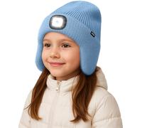ATNKE Kids LED Lighted Beanie Hat with Earflap, USB Rechargeable 4 LED Hands Free Head Torch Running Headlamp Cap Light Winter Warm Fleece Lined Knit Beany Gifts for Boys and Girls/Shadow Blue