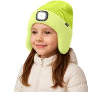 ATNKE Kids LED Lighted Beanie Hat with Earflap, USB Rechargeable 4 LED Hands Free Head Torch Running Headlamp Cap Light Winter Warm Fleece Lined Knit Beany Gifts for Boys and Girls/Fluorescent Yellow