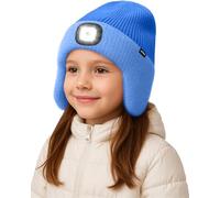 ATNKE Kids LED Lighted Beanie Hat with Earflap, USB Rechargeable 4 LED Hands Free Head Torch Running Headlamp Cap Light Winter Warm Fleece Lined Knit Beany Gifts for Boys and Girls/Magnolia Blue