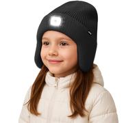 ATNKE Kids LED Lighted Beanie Hat with Earflap, USB Rechargeable 4 LED Hands Free Head Torch Running Headlamp Cap Light Winter Warm Fleece Lined Knit Beany Gifts for Boys and Girls/Black