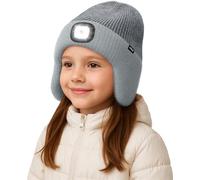 ATNKE Kids LED Lighted Beanie Hat with Earflap, USB Rechargeable 4 LED Hands Free Head Torch Running Headlamp Cap Light Winter Warm Fleece Lined Knit Beany Gifts for Boys and Girls/Limestone Gray