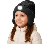 ATNKE Kids LED Lighted Beanie Hat with Earflap, USB Rechargeable 4 LED Hands Free Head Torch Running Headlamp Cap Light Winter Warm Fleece Lined Knit Beany Gifts for Boys and Girls/Dark Gray