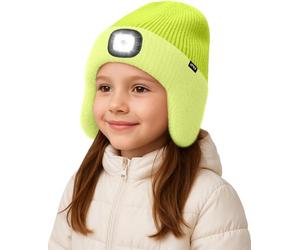 ATNKE Kids LED Lighted Beanie Hat with Earflap, USB Rechargeable 4 LED Hands Free Head Torch Running Headlamp Cap Light Winter Warm Fleece Lined Knit Beany Gifts for Boys and Girls/Fluorescent Yellow
