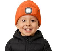 ATNKE Kids LED Lighted Beanie Hat with Lined Fleece, USB Rechargeable 4 LED Running Headlamp Ultra Bright Hands Free Head Torch Winter Warm Knit Skull Cap Gifts for Boys and Girls/Orange
