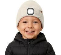 ATNKE Kids LED Lighted Beanie Hat with Lined Fleece, USB Rechargeable 4 LED Running Headlamp Ultra Bright Hands Free Head Torch Winter Warm Knit Skull Cap Gifts for Boys and Girls/Beige