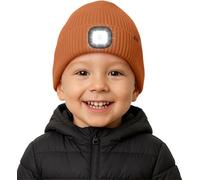 ATNKE Kids LED Lighted Beanie Hat with Lined Fleece, USB Rechargeable 4 LED Running Headlamp Ultra Bright Hands Free Head Torch Winter Warm Knit Skull Cap Gifts for Boys and Girls/Caramel