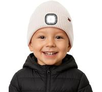 ATNKE Kids LED Lighted Beanie Hat with Lined Fleece, USB Rechargeable 4 LED Running Headlamp Ultra Bright Hands Free Head Torch Winter Warm Knit Skull Cap Gifts for Boys and Girls/Snow Beige
