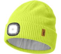 ATNKE LED Lighted Beanie Cap,USB Rechargeable 4 LED Running Headlamp Ultra Bright Hands Free Head Torch Winter Warm Knitted Hat with Lined Fleece Gifts for Men Dad and Women/Fluorescent Yellow