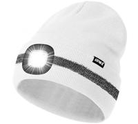 ATNKE LED Lighted Beanie Cap,USB Rechargeable 4 LED Running Headlamp Ultra Bright Hands Free Head Torch Winter Warm Knitted Hat with Reflective Stripe Gifts for Men and Women/White