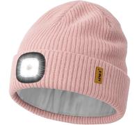 ATNKE LED Lighted Beanie Cap,USB Rechargeable 4 LED Running Headlamp Ultra Bright Hands Free Head Torch Winter Warm Knitted Hat with Lined Fleece Gifts for Men Dad and Women/Bean Paste Pink
