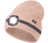 ATNKE LED Lighted Beanie Cap,USB Rechargeable 4 LED Running Headlamp Ultra Bright Hands Free Head Torch Winter Warm Knitted Hat with Reflective Stripe Gifts for Men and Women/Skin Pink