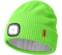 ATNKE LED Lighted Beanie Cap,USB Rechargeable 4 LED Running Headlamp Ultra Bright Hands Free Head Torch Winter Warm Knitted Hat with Lined Fleece Gifts for Men Dad and Women/Fluorescent Green