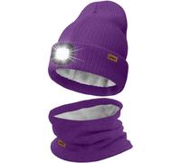 ATNKE LED Lighted Beanie Hat and Scarf Suit,USB Rechargeable 4 LED Running Headlamp Bright Cap with Light Winter Warm Lined Fleece Neck Gaiters and Knit Beany Gifts for Men and Women/Inner Purple