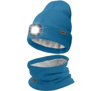 ATNKE LED Lighted Beanie Hat and Scarf Suit,USB Rechargeable 4 LED Running Headlamp Bright Cap with Light Winter Warm Lined Fleece Neck Gaiters and Knit Beany Gifts for Men and Women/Peacock Blue