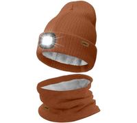 ATNKE LED Lighted Beanie Hat and Scarf Suit,USB Rechargeable 4 LED Running Headlamp Bright Cap with Light Winter Warm Lined Fleece Neck Gaiters and Knit Beany Gifts for Men and Women/Red Brown