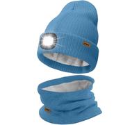 ATNKE LED Lighted Beanie Hat and Scarf Suit,USB Rechargeable 4 LED Running Headlamp Bright Cap with Light Winter Warm Lined Fleece Neck Gaiters and Knit Beany Gifts for Men and Women/Magnolia Blue