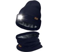 ATNKE LED Lighted Beanie Hat and Scarf Suit,USB Rechargeable 4 LED Running Headlamp Bright Cap with Light Winter Warm Lined Fleece Neck Gaiters and Knit Beany Gifts for Men and Women/Navy