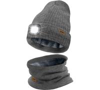 ATNKE LED Lighted Beanie Hat and Scarf Suit,USB Rechargeable 4 LED Running Headlamp Bright Cap with Light Winter Warm Lined Fleece Neck Gaiters and Knit Beany Gifts for Men and Women/Grey