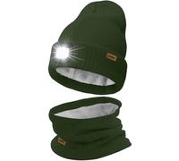 ATNKE LED Lighted Beanie Hat and Scarf Suit,USB Rechargeable 4 LED Running Headlamp Bright Cap with Light Winter Warm Lined Fleece Neck Gaiters and Knit Beany Gifts for Men and Women/Dark Army Green
