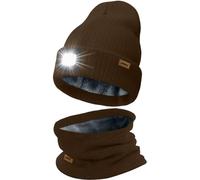 ATNKE LED Lighted Beanie Hat and Scarf Suit,USB Rechargeable 4 LED Running Headlamp Bright Cap with Light Winter Warm Lined Fleece Neck Gaiters and Knit Beany Gifts for Men and Women/Coffee