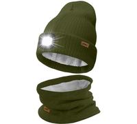 ATNKE LED Lighted Beanie Hat and Scarf Suit,USB Rechargeable 4 LED Running Headlamp Bright Cap with Light Winter Warm Lined Fleece Neck Gaiters and Knit Beany Gifts for Men and Women/Army Green