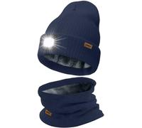 ATNKE LED Lighted Beanie Hat and Scarf Suit,USB Rechargeable 4 LED Running Headlamp Bright Cap with Light Winter Warm Lined Fleece Neck Gaiters and Knit Beany Gifts for Men and Women/Light Navy Blue