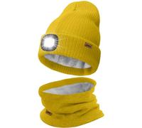 ATNKE LED Lighted Beanie Hat and Scarf Suit,USB Rechargeable 4 LED Running Headlamp Bright Cap with Light Winter Warm Lined Fleece Neck Gaiters and Knit Beany Gifts for Men and Women/Yellow
