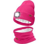 ATNKE LED Lighted Beanie Hat and Scarf Suit,USB Rechargeable 4 LED Running Headlamp Bright Cap with Light Winter Warm Lined Fleece Neck Gaiters and Knit Beany Gifts for Men and Women/Rose Red