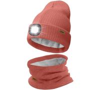 ATNKE LED Lighted Beanie Hat and Scarf Suit,USB Rechargeable 4 LED Running Headlamp Bright Cap with Light Winter Warm Lined Fleece Neck Gaiters and Knit Beany Gifts for Men and Women/Bean Paste Powder