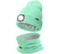 ATNKE LED Lighted Beanie Hat and Scarf Suit,USB Rechargeable 4 LED Running Headlamp Bright Cap with Light Winter Warm Lined Fleece Neck Gaiters and Knit Beany Gifts for Men and Women/Fruit Green