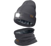 ATNKE LED Lighted Beanie Hat and Scarf Suit,USB Rechargeable 4 LED Running Headlamp Bright Cap with Light Winter Warm Lined Fleece Neck Gaiters and Knit Beany Gifts for Men and Women/Noble Gray
