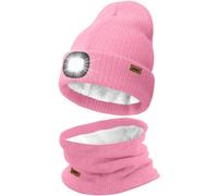 ATNKE LED Lighted Beanie Hat and Scarf Suit,USB Rechargeable 4 LED Running Headlamp Bright Cap with Light Winter Warm Lined Fleece Neck Gaiters and Knit Beany Gifts for Men and Women/Pink