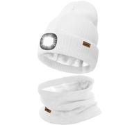 ATNKE LED Lighted Beanie Hat and Scarf Suit,USB Rechargeable 4 LED Running Headlamp Bright Cap with Light Winter Warm Lined Fleece Neck Gaiters and Knit Beany Gifts for Men and Women/White