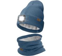 ATNKE LED Lighted Beanie Hat and Scarf Suit,USB Rechargeable 4 LED Running Headlamp Bright Cap with Light Winter Warm Lined Fleece Neck Gaiters and Knit Beany Gifts for Men and Women/Shadow Blue