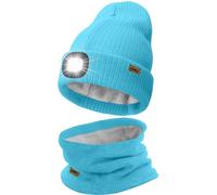 ATNKE LED Lighted Beanie Hat and Scarf Suit,USB Rechargeable 4 LED Running Headlamp Bright Cap with Light Winter Warm Lined Fleece Neck Gaiters and Knit Beany Gifts for Men and Women/Light Blue